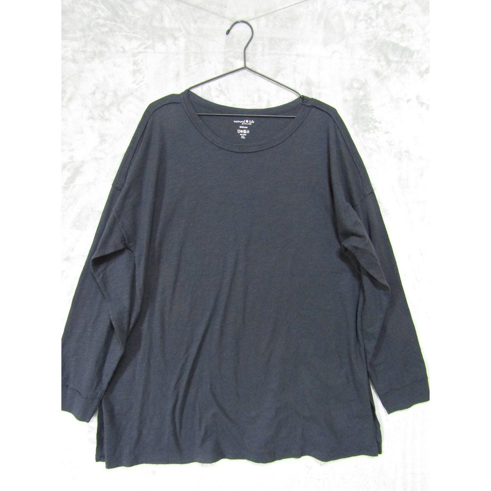Natural Life Long Sleeve Tee Womens XL Black Excellent Cotton Relaxed Side Slit